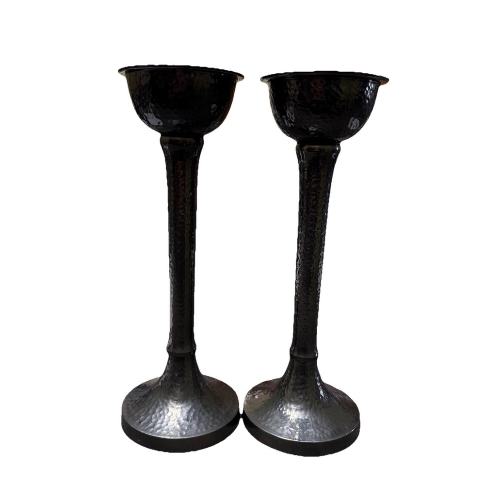 Pair of Vintage Hammered Metal Candlesticks Black Pewter Gothic Modern 12"